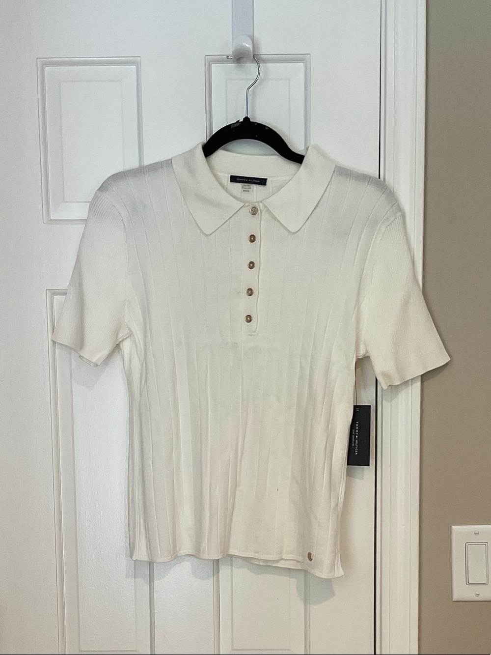 Tommy Hilfiger Ivory Ribbed Polo Short Sleeve Top